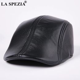 LA SPEZIA Genuine Leather Berets For Men Casual Black Duckbill Ivy Caps Male Spring Luxury Italian Brand Directors Flat Hats 240103