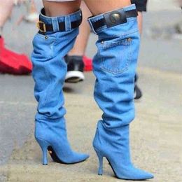 Boots spring autumn fashion blue denim Jeans boots Stilettos heels 8cm Womens Large knee high 220906