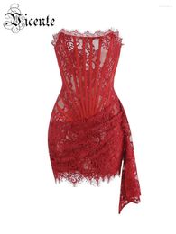 Casual Dresses VC Christmas Dress For Women Red Lace Sexy Strapless Sleeveless Slim Supper Short With Lace-Up