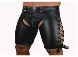Wild Sexy Male Leather Shorts Open Crotch Design Butt Open Faux Leather Costume for Men Lace Up Pants PVC Underwear Boxer Briefs2833707