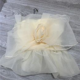 Women's Tanks Organza 3D Flower Decoration Sexy Tube Top Women Sweet Off-shoulder Slim Stretch Cropped Mesh Tops Y1027