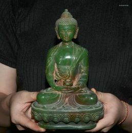 Decorative Figurines 8.8" Old Natural Green Jade Carved Tibet Shakyamuni Amitabha Buddha Lotus Statue