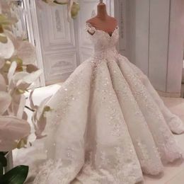 Gorgeous Lace 3D Flower Wedding Dress 2024 With Long Train Sparkle Beaded Crystal Arabic Dubai Bridal Gowns Puffy Custom Made Vestidos De Novia