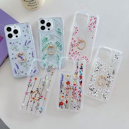 Metal Finger Ring Holder Cases For iPhone 15 Plus 14 Pro Max 13 12 11 Fashion Transparent Clear Floral Fashion Stylish Flower Soft TPU Shockproof Phone Back Cover Skin