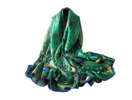 Scarves 180cm Green Peacock Feather Silk Shawl Scarf Spain Wrap Caps Bandanas Hijab Brand Arrval Luxury Beach Animal Lovely Fou O45679210