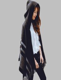 High quality women winter scarf fashion striped black beige ponchos and capes hooded thick warm shawls and scarves femme outwear L1709807