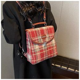 School Bags Brand Designer Wool Plaid Women's Backpack Retro Lock Bucket Bag Travel Year Gift Red