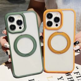 Fold Metal Stand Acrylic Magnet Phone Case for iPhone 15 14 13 12 11ProMax Magnet Wireless Charge Clear Hard Cover