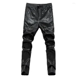 Men's Pants 2024 Pu Leather Straight Motorcycle Casual Skinny Trousers Black Size 28-36 A106