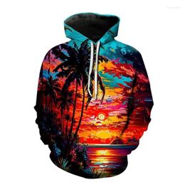 Men's Hoodies 2024 Autumn Men Sweatshirt Beach Coconut Tree Print Holiday Style Fashion Casual Versatile Long Sleeve Loose Fitting Hoodie