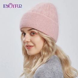 ENJOYFUR Women Winter Angora Wool Hats Thick Warm Fluffy Rabbit Hair Knit Hat Female Double Layer Solid Colour Casual Skull Cap 240103