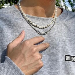 Chains Fashion Imitation Pearl Men's Necklace Women Temperament Hip Hop Personality Metal Chain