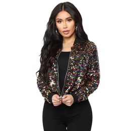 Jackets 2022 Women Bomber Gradient Color Sequins Baseball Jacket Beaded Embroidered Sequined Zipper Pilot Coat Stage Show Dance Outwear