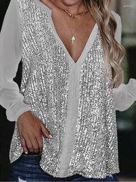 Women's Blouses Fashion Bling Blouse Sequin Women V Neck Long Sleeve Tops Lady Club Party Evening Shirts 3XL