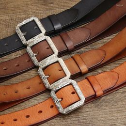 Belts 3.8cm Genuine Leather Belt For Men First-layer Cowhide Stainless Steel Buckle Personalised Carved Men's Retro Jeans