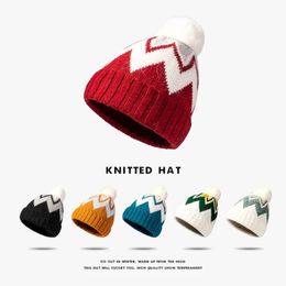 Winter Fashion Men Women Wool Ball Knitted Hat Boys Girls Warm Thickened Rabbit Hair Without Brim Cold Hat Striped Jacquard Hat 240103