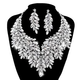 Charms Luxurious Dubai Style Wedding Jewellery Sets Rhinestone Crystal Statement Bridal Sier Colour Prom Necklace Earring Christmas Gift