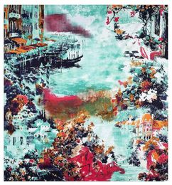 Scarves 130130cm Oil Painting House Ship Silk Scarf Women Square Style Tassel Lady Spring Fashion Female7005426