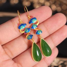 Dangle Earrings Antique S925 Sterling Silver Eardrop Chinese Style National Cheongsam Water Drop Natural Hetian Jade Ear