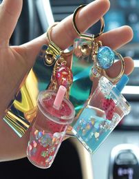 Keychains Bubble Keychain Creative Milk Tea Cup Liquid Crystal Quicksand Sequin KeyRing Bag Pendant For Women Key Chain3066171