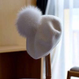 Berets 2024 Angora Knit Real Fur Pompom Fluffy Beret Women Winter Hat Warm Skiing Accessory For Outdoors