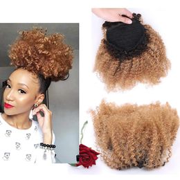 Ponytails Human Hair Ponytail Blonde #27 Short Afro Kinky Curly Pony Tail High Puff Afro Ponytail Drawstring Pony tail