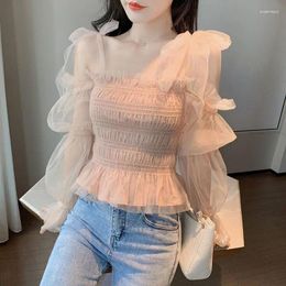 Women's Blouses Spring Summer Shirt Korean Off Shoulder Chiffon Short Top Mesh Blouse Sweetness Super Fairy Trend