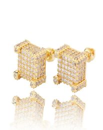 Hip Hop 18K Gold Plated Earrings for Men Gold Silver Iced Out CZ Square Stud Earring With Screw Back Jewelry2469179