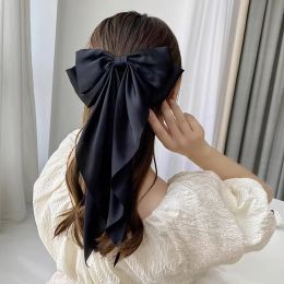 Retro Elegant Bow Ribbons Hair Clip Women Solid Colour Large Satin Bowknot Spring Clips Wedding Bride Headwear Hair Accessories