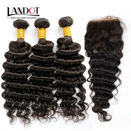 Wefts Indian Virgin Hair Deep Wave With Closure 8A Unprocessed Curly Human Hair Weaves 3 Bundles And 1Pieces Top Lace Closures Natural B