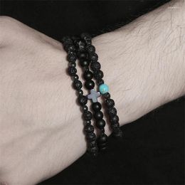 Strand 3Pcs/Set Natural Stone Bracelets Hematite Cross Pendent Black Onyx Lava Bead Elastic Rope Bracelet For Men Gift