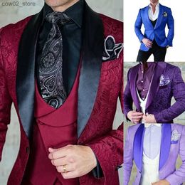 Men's Suits Blazers Hot Selling Men Suits Pattern and Black Groom Tuxedos Shawl Satin Lapel Groomsmen Wedding Best Man ( Jacket+Pants+Vest+Tie) C691 Q230103