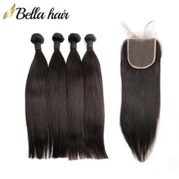 Weaves Bellahair 100% Peruvian Human Virgin Hair Weave 4 Bundles with Closure Free Part Hair Extensions 4x4 Top Lace Closures and Weft Na