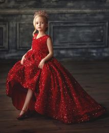 Sexy Long Glitter Flower Girl Dresses Jewel Neck Sequin Sleeveless Ball Gown Floor Length Custom Made for Wedding Party