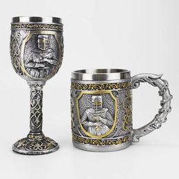 3D Knight Mug Wine Goblet Birthday Halloween Fathers Day Gift Stainless Steel Inwall Resin Outer Cool Retro Glass 240102
