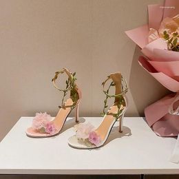 Sandals Summer Pink Sweet Chiffon Flower Dream High Heels Lace Up Wedding Banquet Women's Shoes