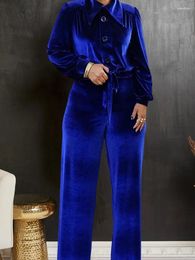 Women's Two Piece Pants Fall Winter Blue Velvet Solid 2 Sets Women Outfit Turn Down Collar Button Up Loose Top Drawstring Waist Wide Leg