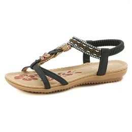Sandals SIKETU Brand Trendy 2024 Casual Summer BOHO Beaded Jewled Women Sewing Thread National Vintage Stamp Shoes Flat Heel