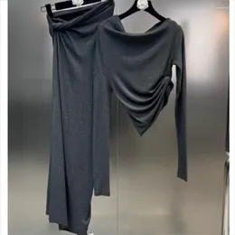Work Dresses One-word Long-sleeved Crinkle Waist Shirt Twisted Skirt Two Set