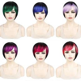 Wigs Highlighted Pink Green Blue Purple Synthetic Glueless Bob Wig With Bangs For Women High Temperature Fibre Short Pixie Cosplay Wigs