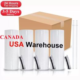 USA CA Local Warehouse 20oz Sublimation Stainless Steel Cup With Lid Plastic Straw Blank Stainless Steel Straight Bottom Skinny Glass Coffee Cup Water Bottle