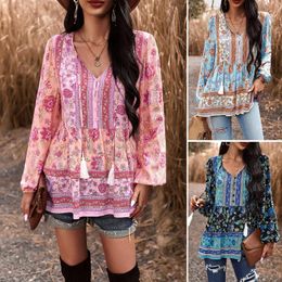 Women's Blouses Women Temperament Casual Floral Print V-Neck Long Sleeve Shirt Elegant Loose Bohemian Blouse Design Sense Button Fringe