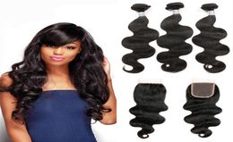 High Quality Body Wave Human Hair Bundles With Closure Grade 9A Brazilian Virgin Hair Weave 3 Bundles With 44 Lace Closure Extens5319559