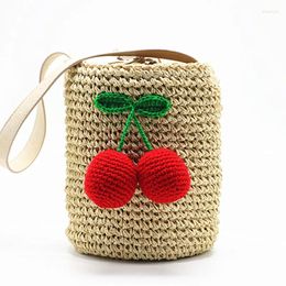 Evening Bags Cherry Pompon Summer Style Cylinders Handbags Bohemian Boho Hair Straw Bag Thai Woven Beach