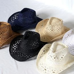 Cowboy hat fashion hollow handmade cowboy straw hat men's summer outdoor travel beach hat unisex solid Colour western cowboy hat 240102