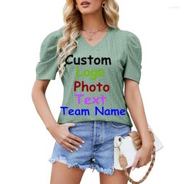 Women's T Shirts Summer Solid Colour V-Neck Pleated Bubble Sleeve Casual T-Shirt Tops Custom LOGO