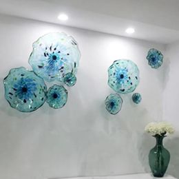 Lamps chihuly style murano flower glass plates wall arts blue Colour luxury 100 hand blown glass hanging plates irregular wave shape