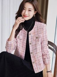 Women's Suits Autumn Winter Korean Y2k Female Blue Plaid Tweed Basic Jacket Women Clothing O Neck Long Sleeve Pink Woolen Short Coat Trend