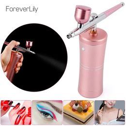 Top 0.3mm Pink Mini Air Compressor Kit Air-Brush Paint Spray Gun Airbrush For Nail Art Tattoo Craft Cake Nano Fog Mist Sprayer 240103