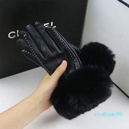 Fashion Rabbit Fur PU Leather Gloves Women Touch Screen Full Finger Mittens Ladies Black Warm Glove Designer